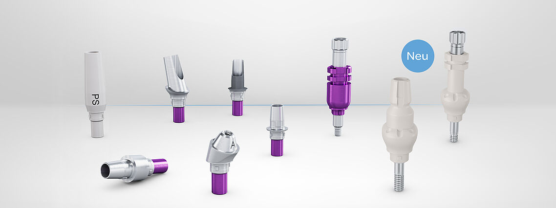 Das Banner zeigt Prothetikkomponenten des CAMLOG Implantats. Neu: anatomisch vorgeformte Abformpfosten