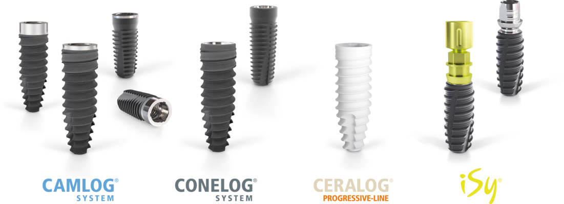 Das Banner zeigt die Implantatsysteme von Camlog. Mehrere Implantate stehen nebeneinander: CAMLOG Implantate, CONELOG Implantate, ein CERALOG Implantat und zwei iSy Implantate