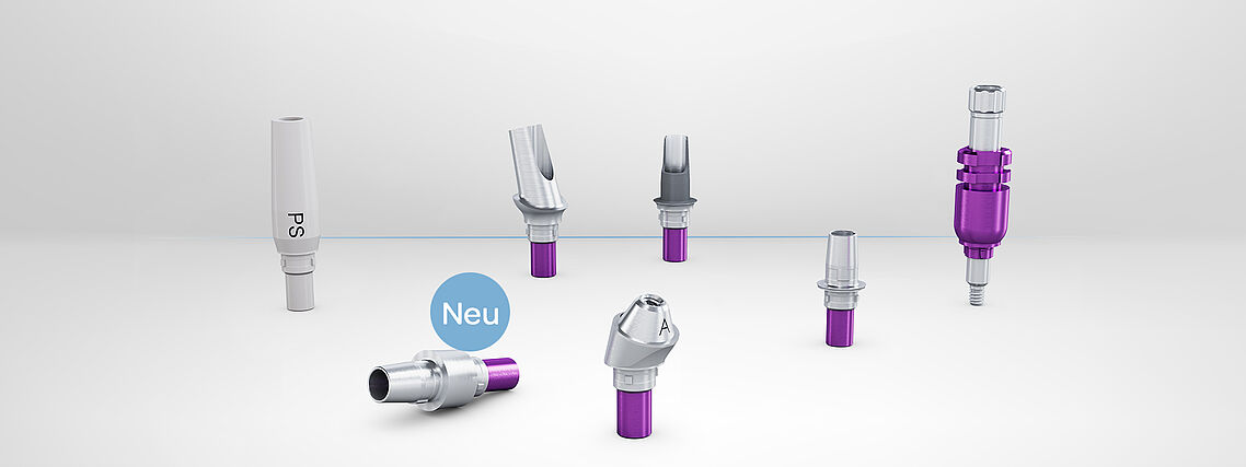 Das Banner zeigt Prothetikkomponenten des CAMLOG Implantats. Neu: Titanbasen CAD/CAM mit zusätzlichen Gingivahöhen von 1.5 und 3.0 mm, sowie Platform Switching.